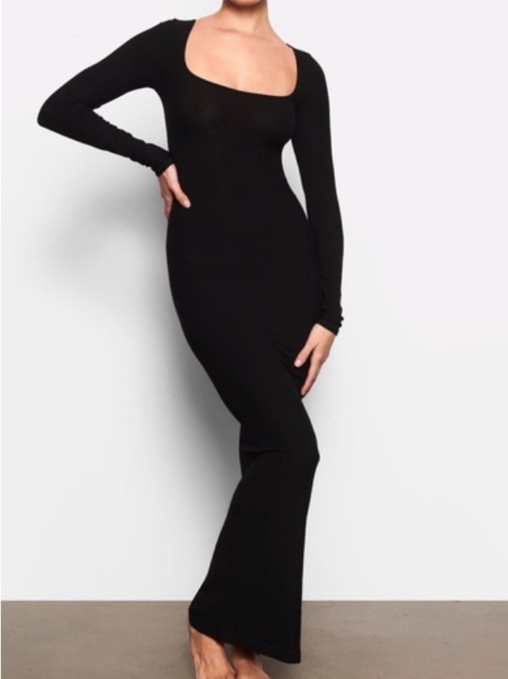 SKIMS Black Long-Sleeve Scoop Neck Maxi Dress